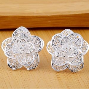 Large beautiful flower filigree silver earrings
